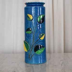 Vintage Aldo Londi Bitossi Rimini Blue Cylinder Vase with Applied Leaves