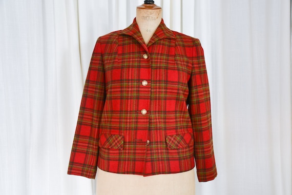 1950's Pendleton Red Plaid Wool Thistle Button De… - image 1