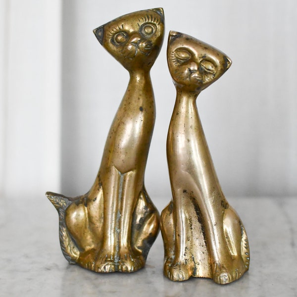 Set of 2 Solid Brass Kitty Sculptures // MCM Cat Figurine