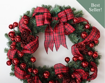 red and black buffalo plaid christmas front door wreath rustic lodge wreath mountain christmas decorations red front porch decor - Red And Black Christmas Decorations red and black buffalo plaid christmas front door wreath rustic lodge wreath mountain christmas decorations red front porch decor - Red And Black Christmas Decorations