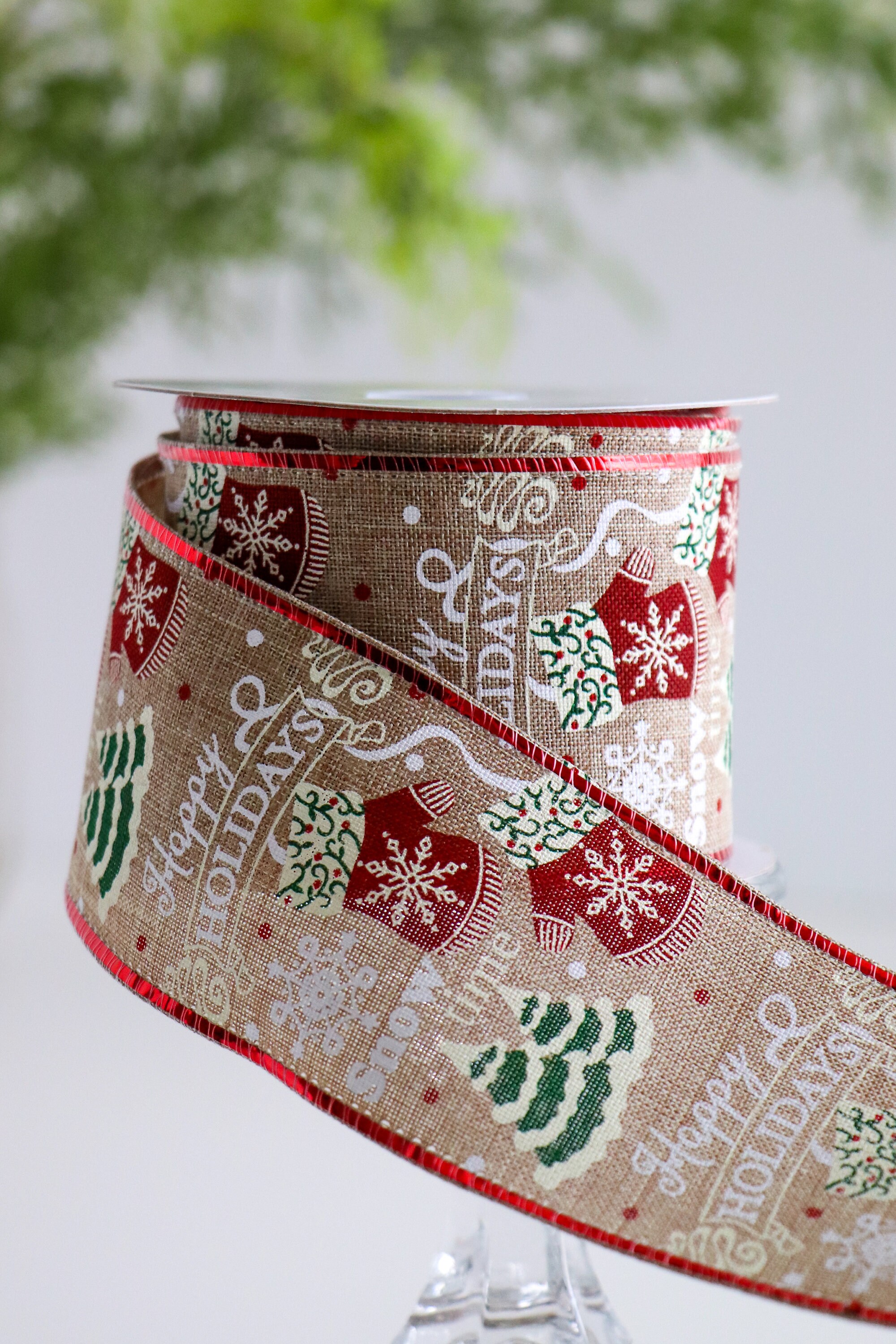 2.5 Faux Burlap Christmas Ribbon Holiday Pattern w Red  Etsy