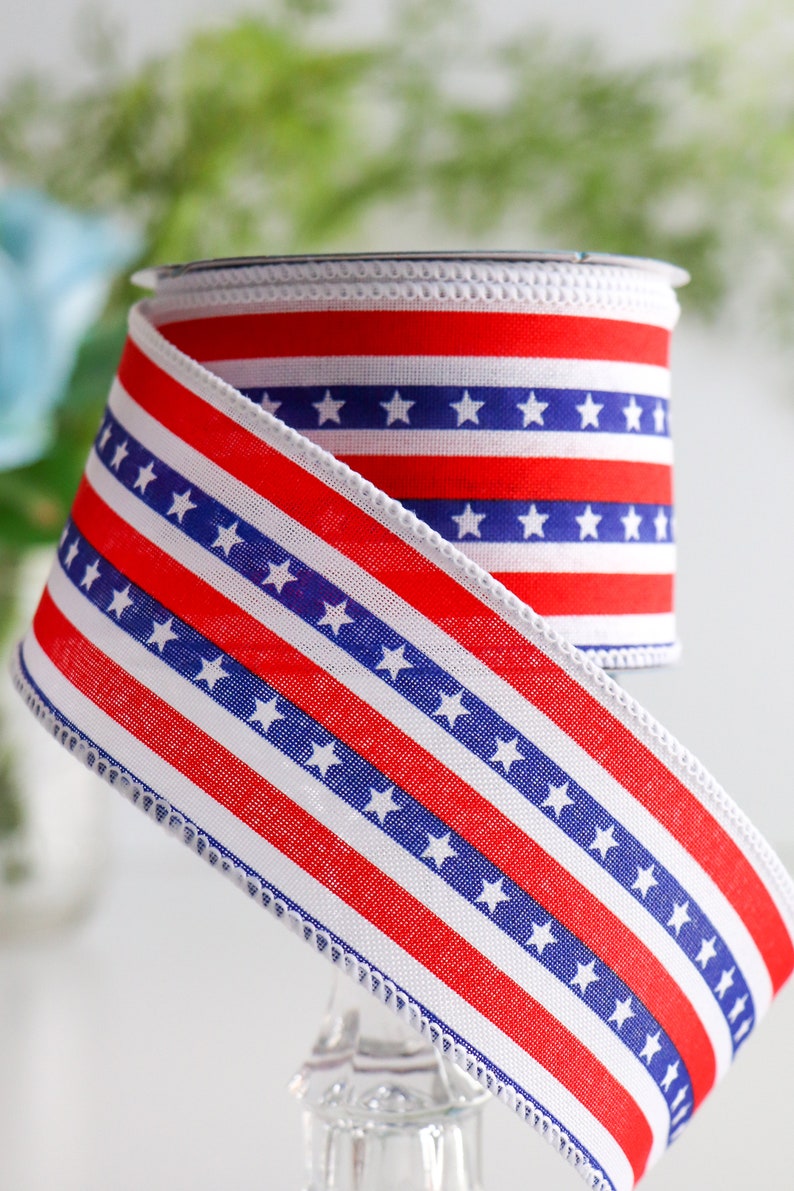 Memorial Day Wreath Making 4th of July Decorating Wired 5 Yards by the Roll 2.5 Stars and Stripes Patriotic Ribbon DIY Bows for Wreaths