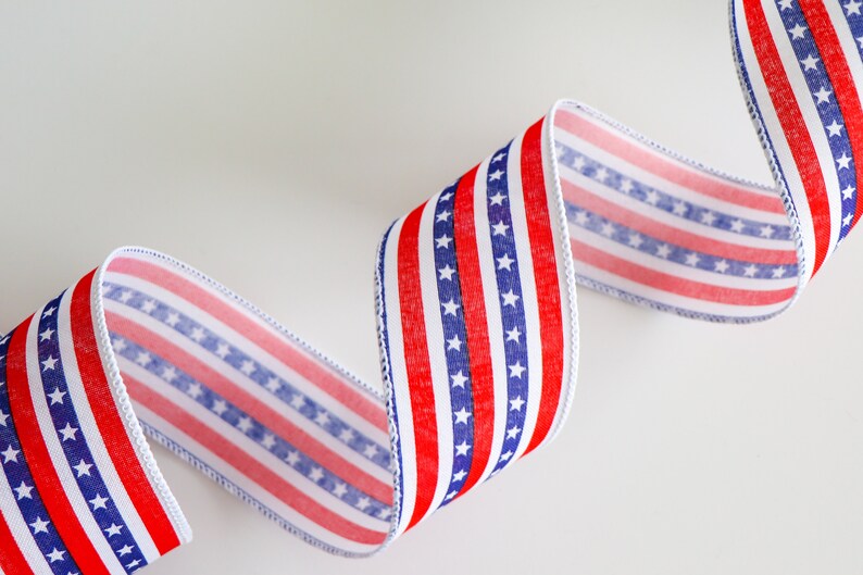 Memorial Day Wreath Making 4th of July Decorating Wired 5 Yards by the Roll 2.5 Stars and Stripes Patriotic Ribbon DIY Bows for Wreaths