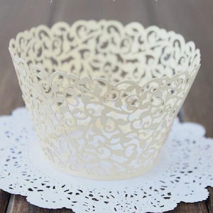 Lace Cupcake Wrapper | White Pearl Lace Cupcake Liner | Filigree Decorations Wedding Cake Wraps Party Baby Shower Birthday (12pcs)