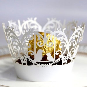 Involucri per cupcake/Uccello dell'amore Perle Ricciolo Pirottini per cupcake in pizzo/Decorazione Festa Baby Shower Compleanno Involucri per torta nuziale/Filigrana 12 pezzi CP38