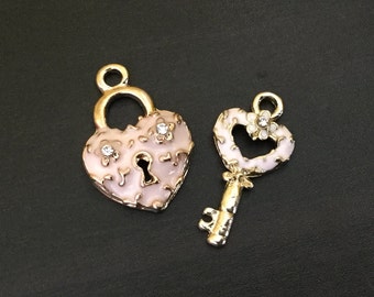 Heart Lock Key Charms | Pink Enamel Gold Plated Charm |Jewelry Making Supplies | Handmade Pendant Bracelet | Earrings Keychain 2pcs CHB12