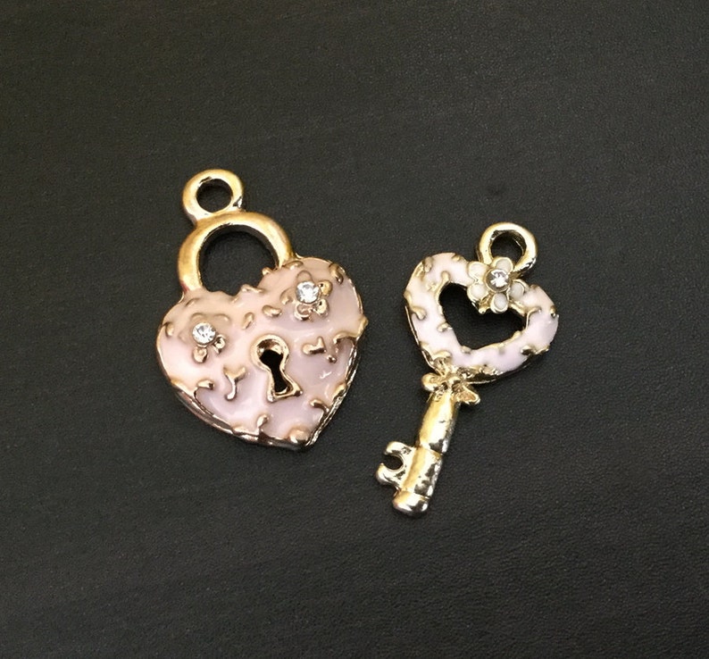Pink Enamel Gold Plated Charm |Jewelry Making Supplies Heart Lock Key Charms Earrings Keychain 2pcs CHB12 Handmade Pendant Bracelet