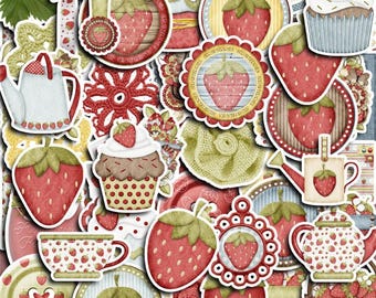 May include: A selection of strawberry-themed stickers and embellishments. The stickers feature strawberries, cupcakes, teacups, watering cans, and decorative frames. The colour palette includes red, green, white, and brown, with a vintage, scrapbook aesthetic.