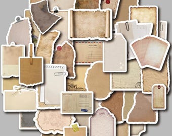 May include: A selection of vintage-style paper stickers in various shapes and sizes. The stickers feature aged paper textures, torn edges, and decorative elements like stamps, tags, and scrolls. Colours include shades of brown, beige, and cream.