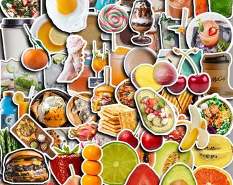May include: A collection of food and drink stickers featuring a fried egg, ice cream, burger, pizza, avocado, fruit, and cocktails. The stickers vary in size and shape, each with a white border, creating a vibrant assortment.