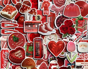 May include: A collection of red stickers with diverse designs. Includes a red telephone box, a snowman, a cassette tape, a pair of red trainers, and a Christmas cake. Other elements are a red heart, roses, and a Santa Claus figure. The collage has a festive theme.