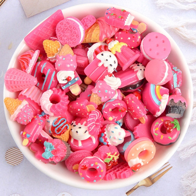 Mixed Pink Food Cake Dessert Miniature Cabochon Polymer Clay Decoden Craft Jewelry Charms Resin Flatback Grab Bag Assorted Set 10pcs C05