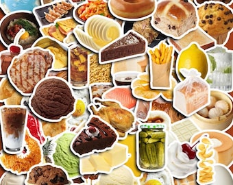 May include: A collection of food stickers on a brown background. The stickers feature a variety of items, including a doughnut, cake slice, ice cream, chips, bread, and other food. Each sticker has a white border.