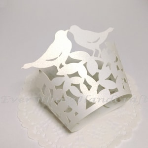Cupcake Wrappers / Cupcake Liners / Party Filigree Wraps Decoration Baby Shower Birthday Wedding / White Love Birds Pearl (12pcs) (CP09WH)