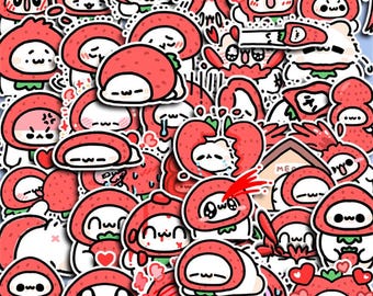 May include: A selection of red and white stickers depicting cartoon strawberry characters with different expressions. The stickers have a white border and are closely arranged, creating a playful and colourful design.