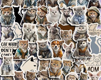 May include: A selection of stickers depicting cats and dogs in clothing. The stickers show different breeds and styles, including cats in suits and dogs in jackets. The text "CAT HAIR DON'T CARE" is also visible.