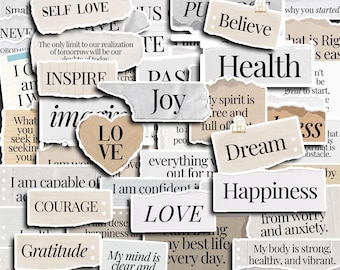 May include: A collection of paper scraps featuring positive affirmations such as "Self Love," "Inspire," and "Dream" in black text. The background is a blend of beige and white, giving a vintage feel. The words are designed to uplift.