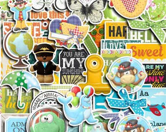 May include: A collection of vibrant stickers featuring diverse illustrations. Includes a clown, a globe, a teddy bear in a pilot uniform, a butterfly, a chicken, a monkey, a seal balancing a ball, and the text "You are my sunshine."