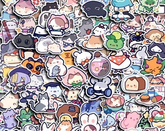 May include: A selection of colourful, die-cut stickers featuring cartoon characters, including cats, bunnies, and other cute creatures. The stickers have a white border and are in various shapes and sizes. The overall theme is kawaii and playful.