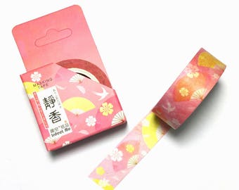 Pink Japanese Washi Tape | Traditional Fans & Cherry Blossoms Masking Tape | Kawaii Decorative Tape | Scrapbooking Planner Sticker 7m P05