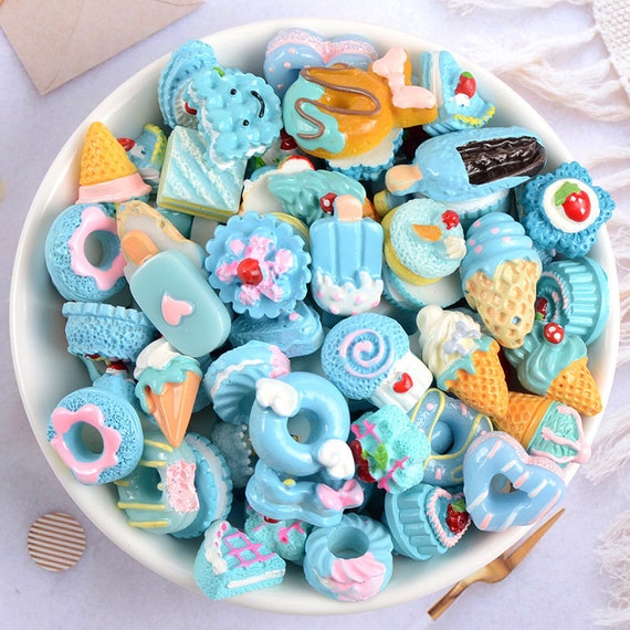 Mixed Blue Cake Dessert Miniature Cabochon Polymer Clay Decoden Craft  Jewelry Charms Resin Flatback Grab Bag Assorted Set 10pcs C03