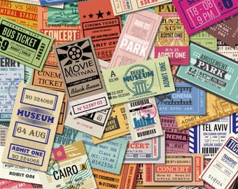 May include: A collection of retro tickets and stubs, including concert, film, and amusement park passes. The tickets display diverse colours, fonts, and designs, with text such as "Museum," "Cinema," and "Concert."