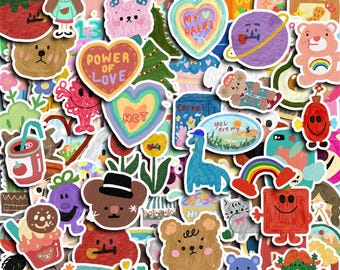 May include: A selection of vibrant stickers featuring diverse designs. Includes heart shapes with text, cartoon animals, rainbows, and food illustrations. The stickers have a playful aesthetic, ideal for personalising items.