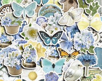 May include: A selection of stickers with a nature theme, including butterflies, flowers, and birdhouses. The stickers are predominantly blue, yellow, and white, with some featuring text and illustrations of birds and clocks.