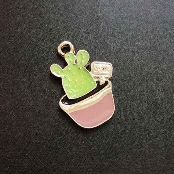 Cactus Plant Charms Silver Enamel Charm Handmade Jewelry