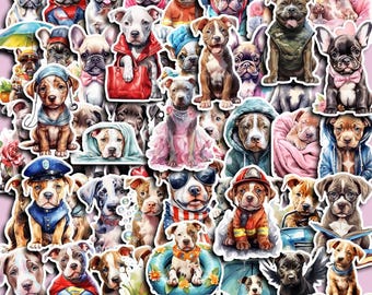 May include: A collection of colourful dog stickers featuring various breeds and styles. The stickers showcase dogs in outfits like a firefighter uniform, a superhero cape, and sunglasses. The stickers are on a pink background.