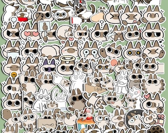 May include: A sheet of cartoon cat stickers in diverse poses and expressions. The stickers feature cats with brown and white markings, some holding objects like hearts, lightbulbs, and signs. The stickers are on a green background.