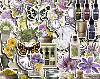 May include: A collection of stickers with a vintage botanical theme. The design incorporates butterflies, flowers, clocks, and apothecary bottles. The color scheme is soft, with purples, yellows, and greens. Some stickers feature text, including "Pills" and "Rosemary".