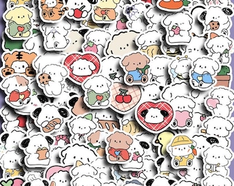 May include: A selection of colourful stickers depicting cartoon dogs in different poses. Some stickers show dogs holding hearts, biscuits, and strawberries. Other stickers show dogs dressed in outfits, including a construction worker and a tiger.