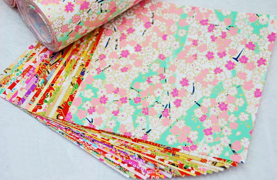 Japanese Sakura Foil Print Chiyogami Origami Paper 14 Sheets 5.9 X 5.9 Inch  Gold Foil Washi Cherry Blossom Origami Paper Pack 