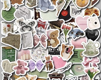 May include: A selection of stickers with a retro theme. The stickers feature a plush elephant, a teddy bear, a butterfly, a pocket watch, a cassette tape, a teacup, a dog, a cat, and other assorted items.