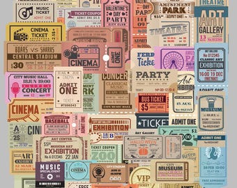 May include: A collection of retro tickets and coupons in different shapes and sizes. The tickets display text such as "Cinema," "Concert," "Exhibition," and "Baseball," with dates, times, and admission information. The colour scheme includes beige, brown, and red.