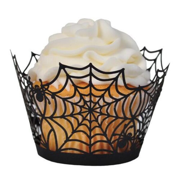 Cupcake Wrappers | Black Spider Web Cupcake Liners| Filigree Cake Wraps |Halloween Wedding Party Baby Shower Birthday Decorations (12pcs)