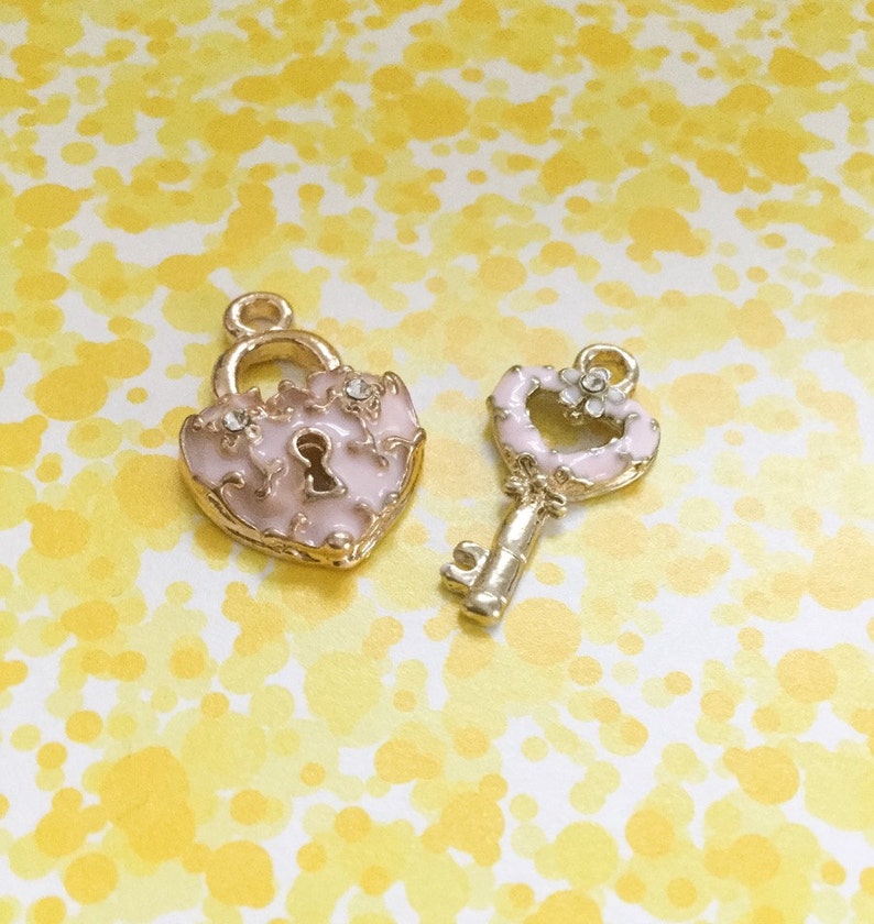 Pink Enamel Gold Plated Charm |Jewelry Making Supplies Heart Lock Key Charms Earrings Keychain 2pcs CHB12 Handmade Pendant Bracelet