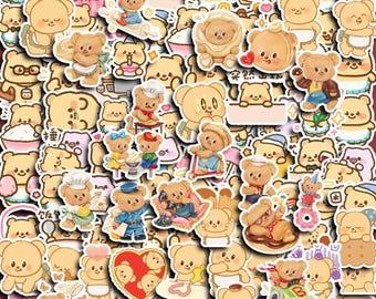 May include: A selection of beige bear stickers, each with a unique design and outfit. Some bears are dressed as chefs or sailors, while others hold items. The stickers are in a cartoon style and are closely arranged.
