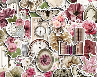 May include: A collection of vintage-style stickers featuring butterflies, flowers, clocks, kittens, and books. The colour palette includes shades of pink, cream, and brown. Some stickers have a distressed, aged appearance, while others are more detailed.