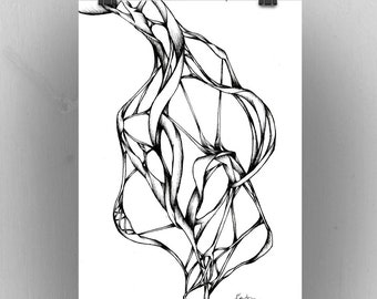 Surreal Ink Drawing: Organic Black and White Giclee Art Print (A5)