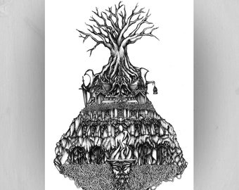 Lovecraftian Temple Ink Drawing: Surreal Black and White Art Print