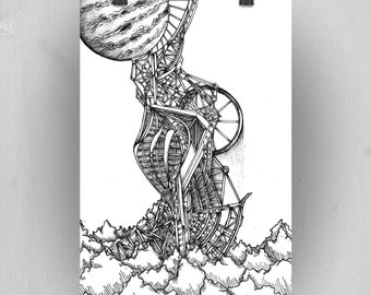 Jupiter Steampunk Giclee Print: Sci-Fi Surreal Ink Drawing (A5)