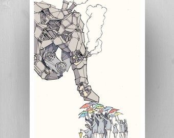 Steampunk Machine Art Print: Ink Drawing, Peaceful Protest