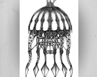 Steampunk Jellyfish Art Print: Black and White Nautical Decor