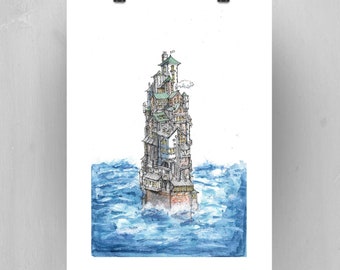 Surreal Town Giclee Print: Watercolor Architecture Illustration