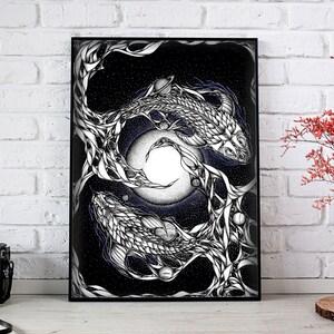 Koi Carp Surrealist Art Print: Black and White Fish Illustration