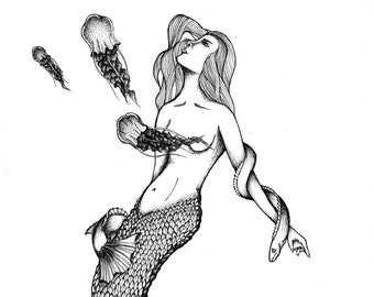 Mermaid Print. Original drawing | Mermaid art | Monochrome