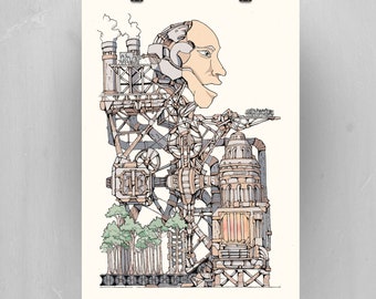 Talking Head Steampunk Print: Industrial Mechanical Art (Digital Art)
