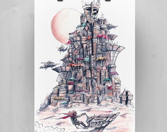 Cyberpunk City Giclee Print: Desert Sci-Fi Watercolor Art